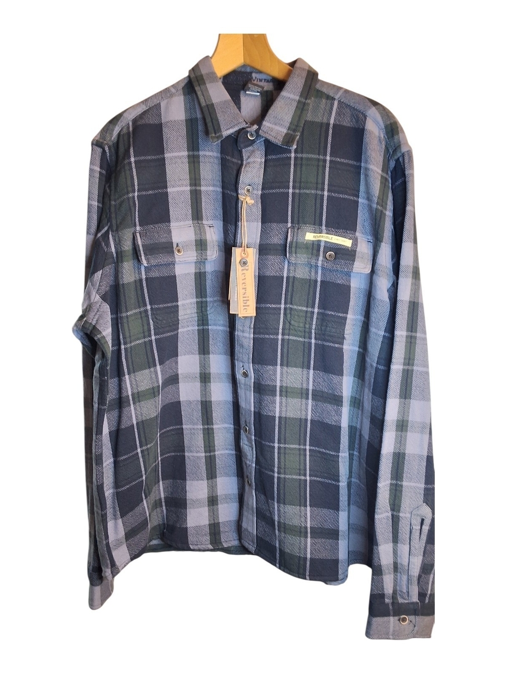 NWzt Tailor Vintage Men’s Blue & Green Plaid Button-Up Shirt Reversable XL
